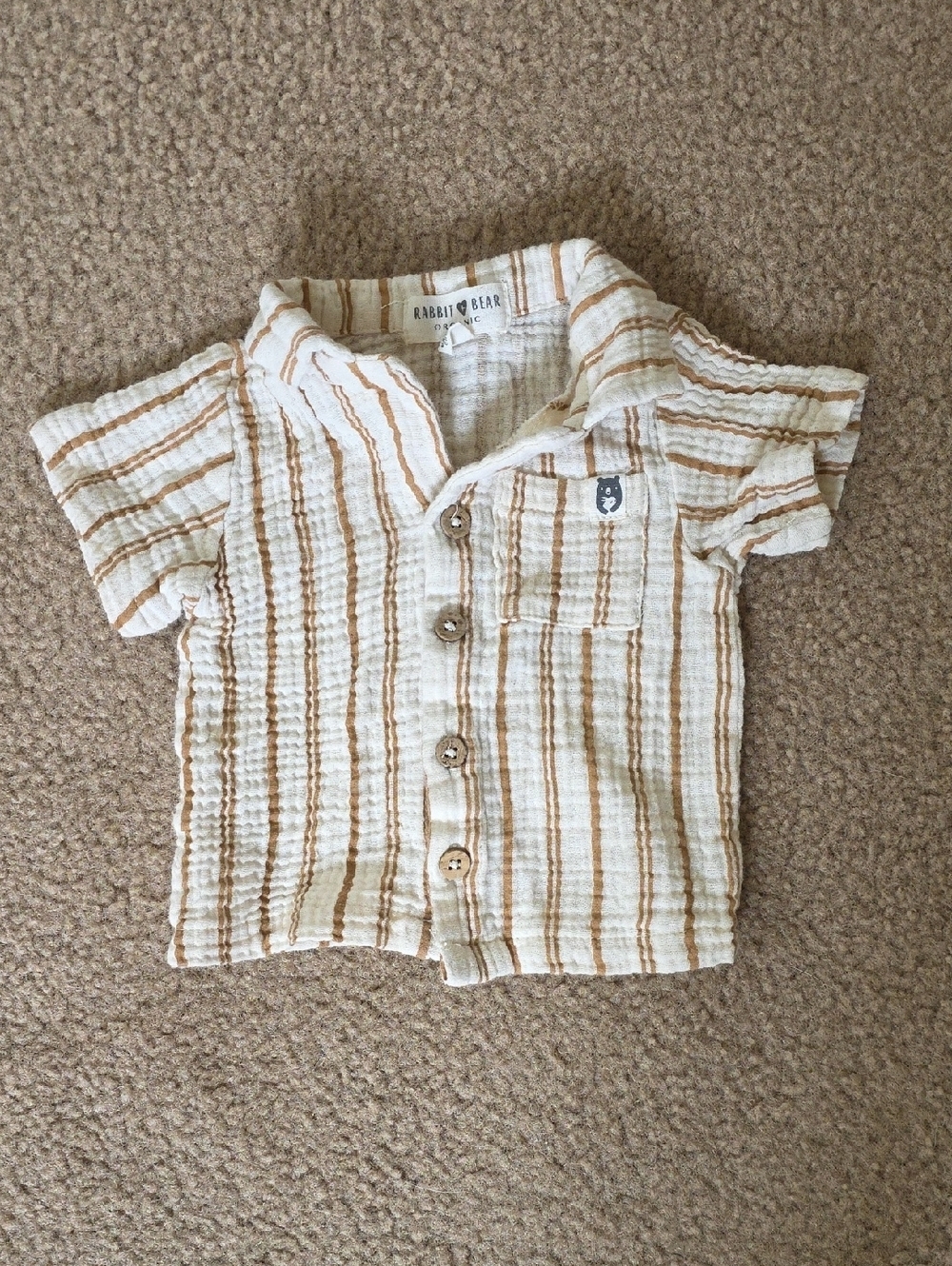 Rabbit + Bear Baby Organic Cotton Gauzey Neutral Stripe Button Down Shirt - 3-6M